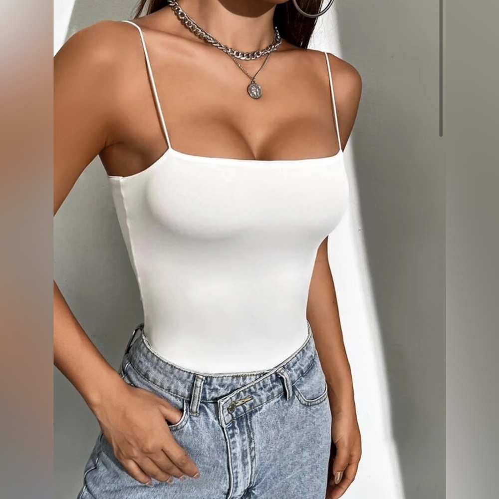 Sexy White Slim Fit One Piece Bodysuit Spaghetti Strap Cami Top Womens Small